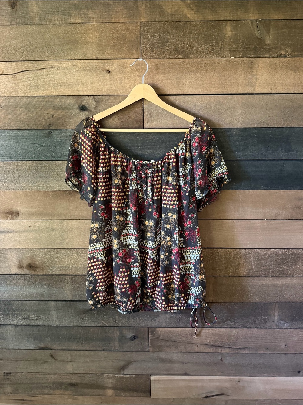 Pure Energy 2010s Boho Floral Sheer Peasant Blouse Black Plus Size